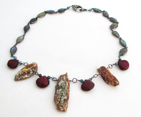 Orange Kyanite crystals, Red Jasper, Labradorite, blue Kyanite, Sterling Silver, Necklace