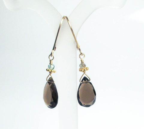 smoky quartz and blue zircon with 22k gold vermeil accents handcrafted lightweight earrings