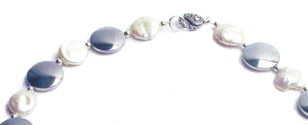 white coin pearl statement necklace silver disc fancy clasp